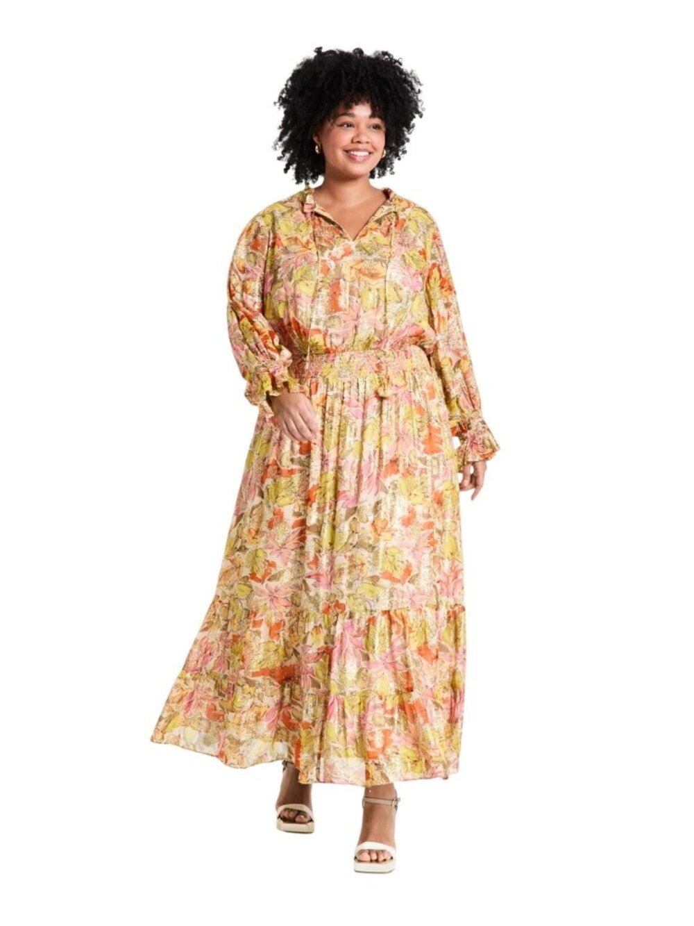 NWT Vince Camuto 2X Floral Lurex Smocked Waist Maxi Dress Orange MSRP $139